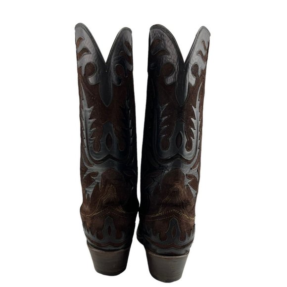 Vintage Ladies Lucchese USA Brown / Black Suede Snip Toe Western Boots Size 9 - Picture 4 of 8